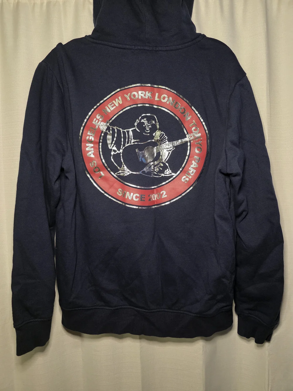True Religion Navy Zip-Up Hoodie with Red and Silver Back Graphic